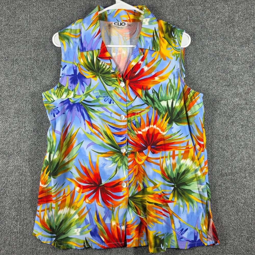VTG 90s Clio Hawaiian Shirt Womens Medium Sleeveless Rayon Made in USA